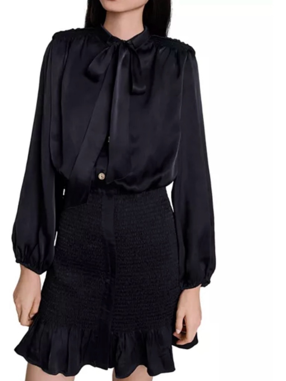 Maje Black Satin Tie-Neck Blouse
